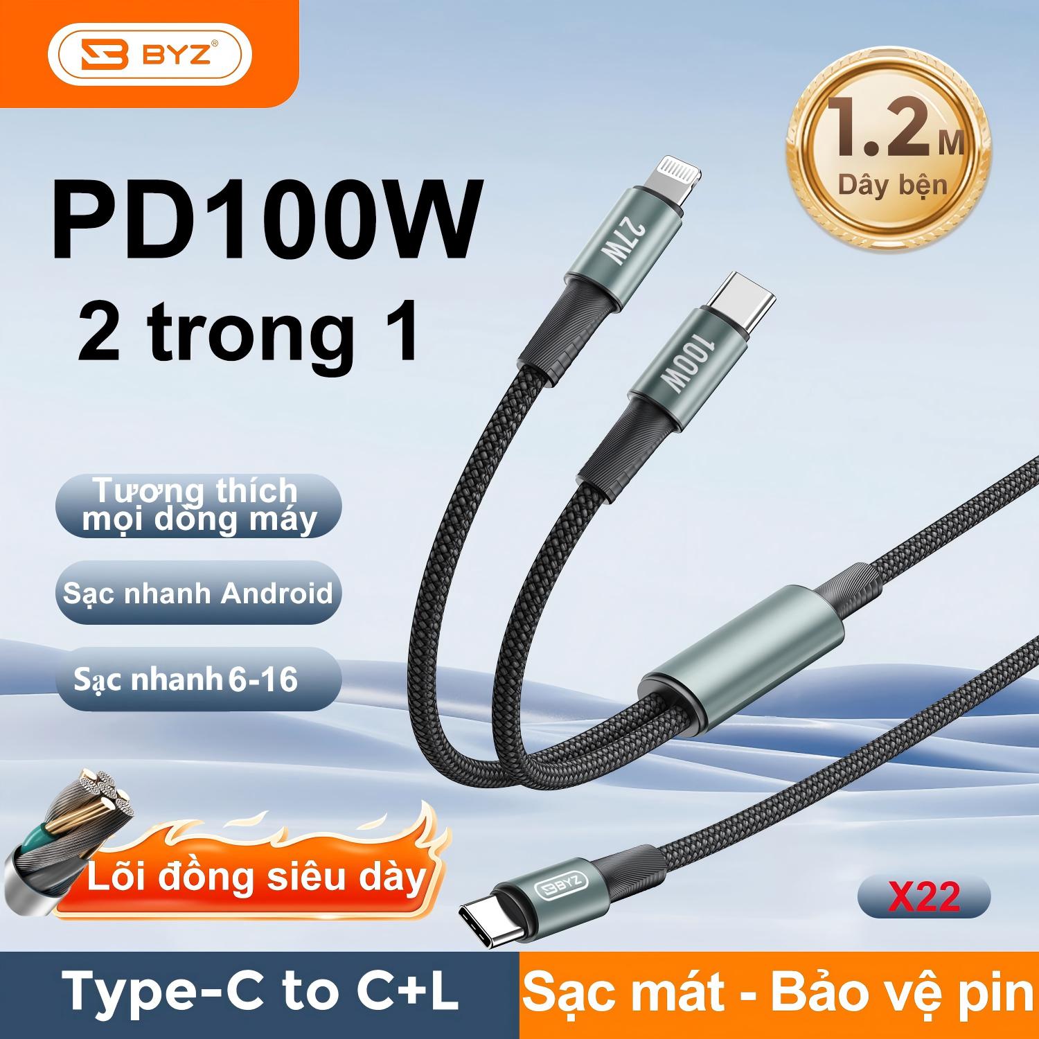 Dây sạc nhanh 2 trong 1 BYZ X22, sạc nhanh công suất cao tương thích nhiều thiết bị