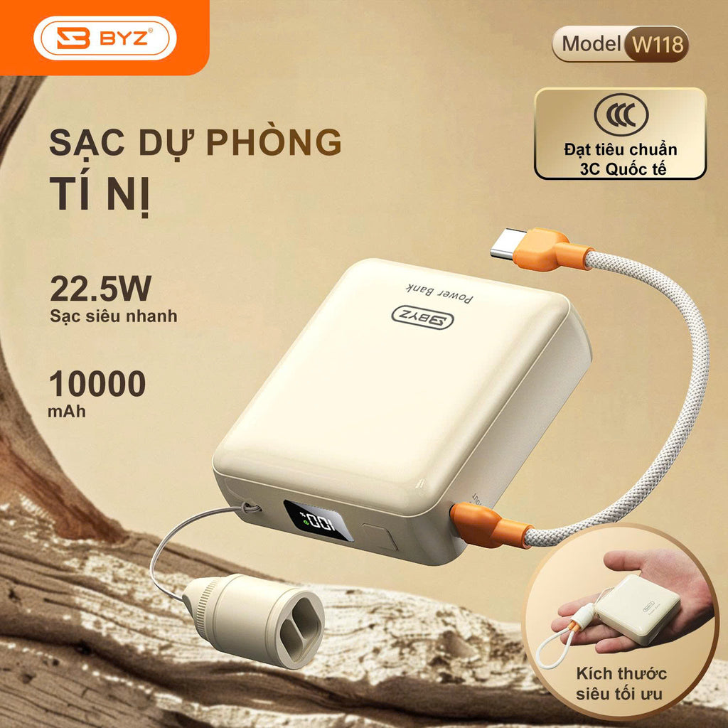 BYZ W118 Pin Sạc Dự Phòng Mini 10000mAh Sạc Siêu Nhanh Tích Hợp Cáp Type C Được Mang Lên Máy Bay