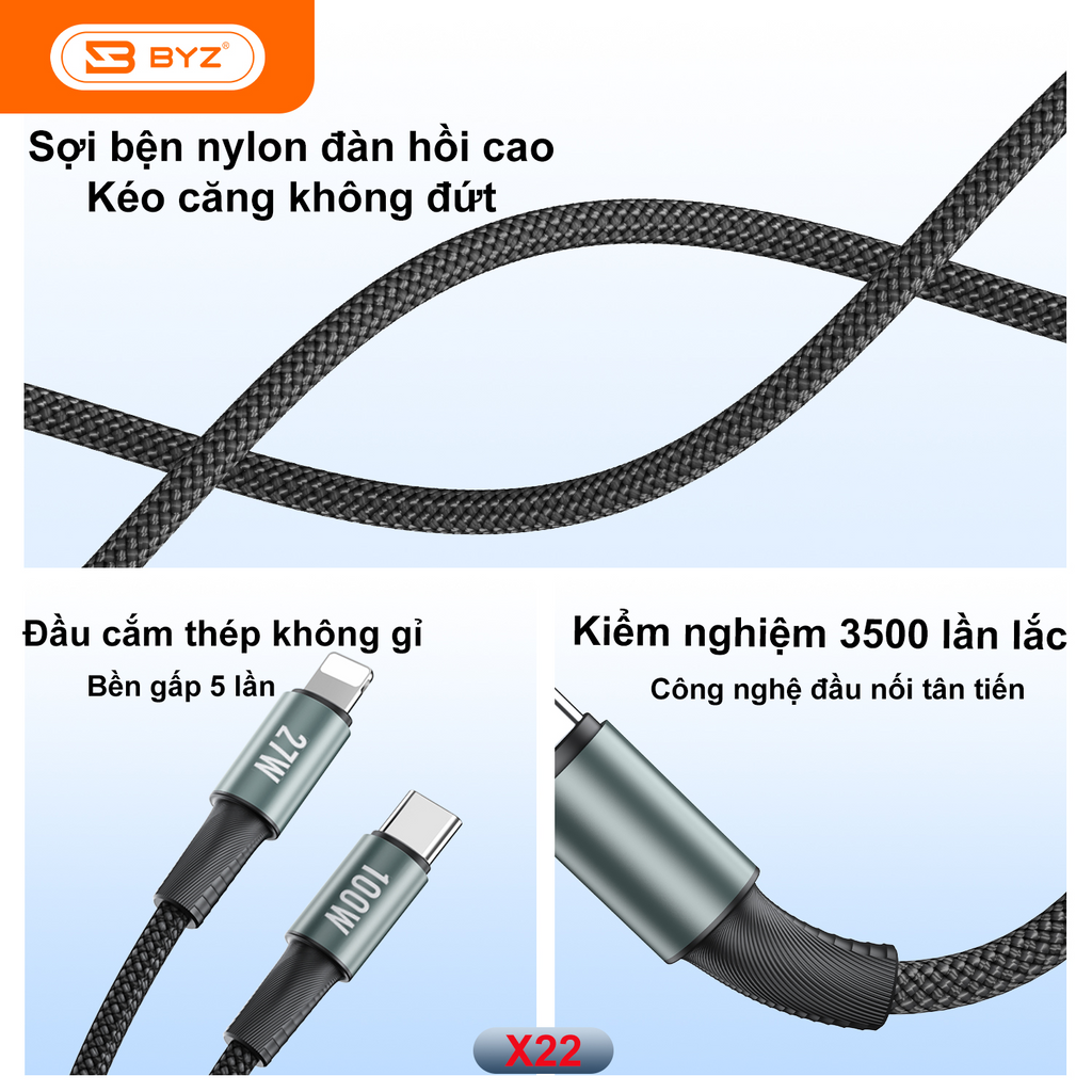 Dây sạc nhanh 2 trong 1 BYZ X22, sạc nhanh công suất cao tương thích nhiều thiết bị