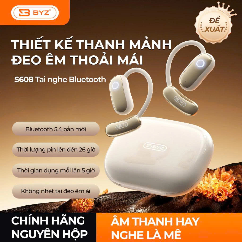 Tai Nghe Bluetooth Kẹp Tai BYZ S625 Open Ear không nhét tai, đeo êm Pin 30H Thể Thao