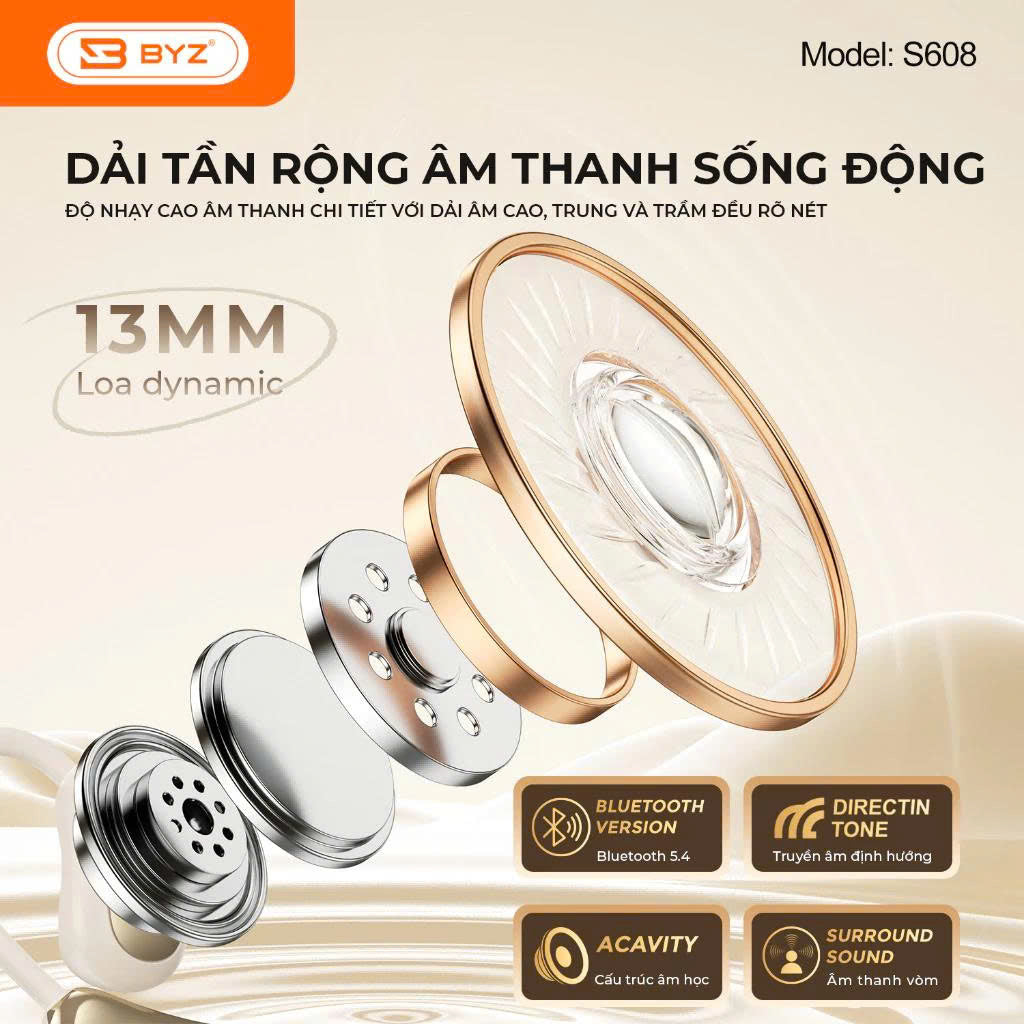 Tai Nghe Bluetooth Kẹp Tai BYZ S625 Open Ear không nhét tai, đeo êm Pin 30H Thể Thao