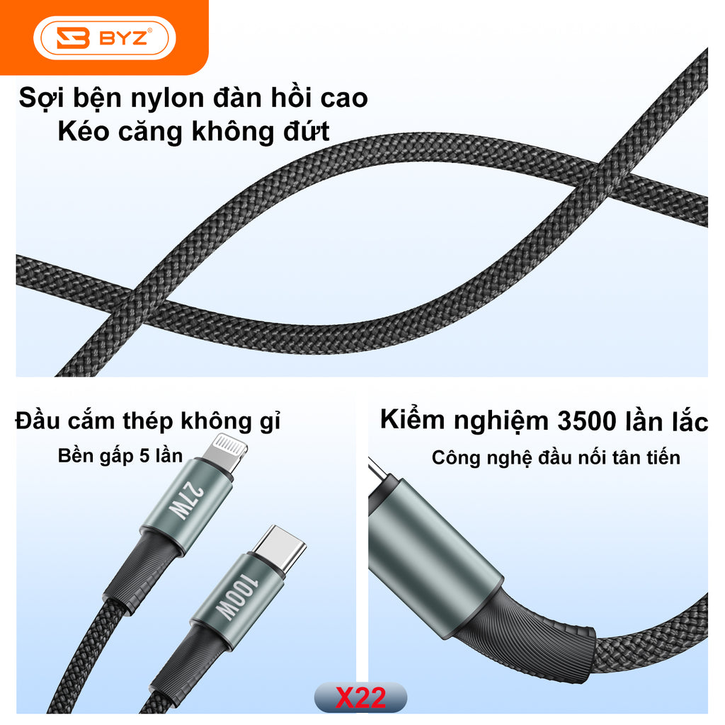 Dây sạc nhanh 2 trong 1 BYZ X22, sạc nhanh công suất cao tương thích nhiều thiết bị