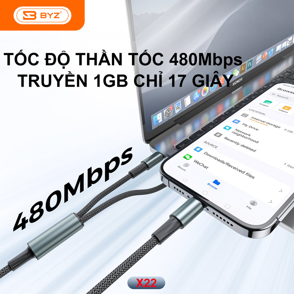 Dây sạc nhanh 2 trong 1 BYZ X22, sạc nhanh công suất cao tương thích nhiều thiết bị