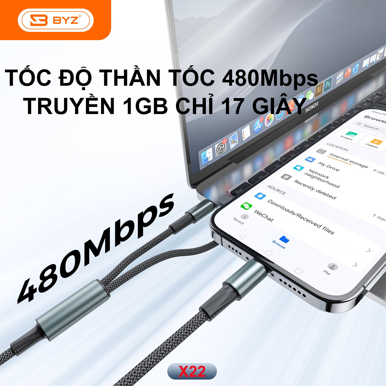 Dây sạc nhanh 2 trong 1 BYZ X22, sạc nhanh công suất cao tương thích nhiều thiết bị