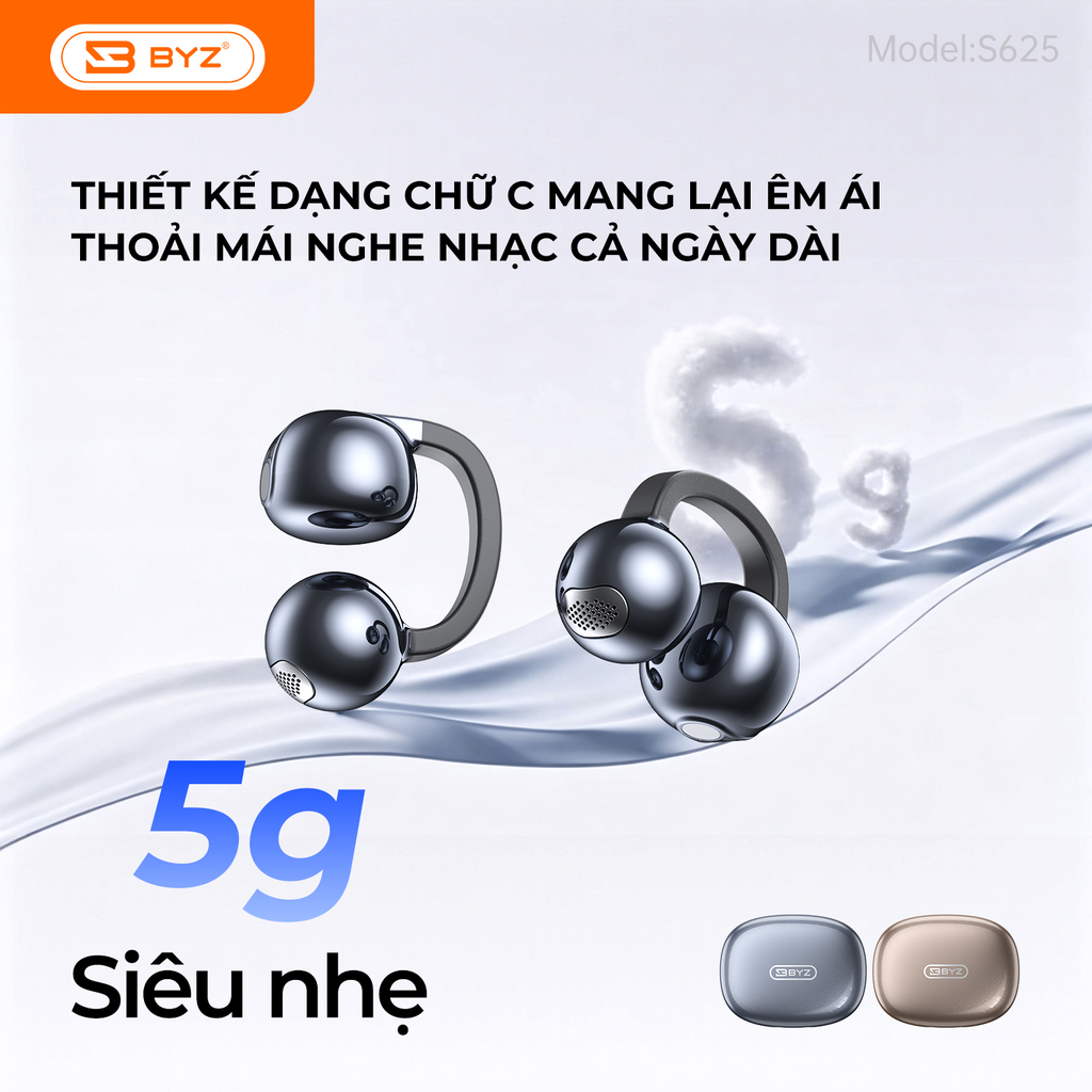 Tai Nghe Bluetooth Kẹp Tai BYZ S625 Open Ear không nhét tai, đeo êm Pin 30H Thể Thao