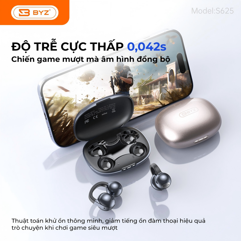 Tai Nghe Bluetooth Kẹp Tai BYZ S625 Open Ear không nhét tai, đeo êm Pin 30H Thể Thao