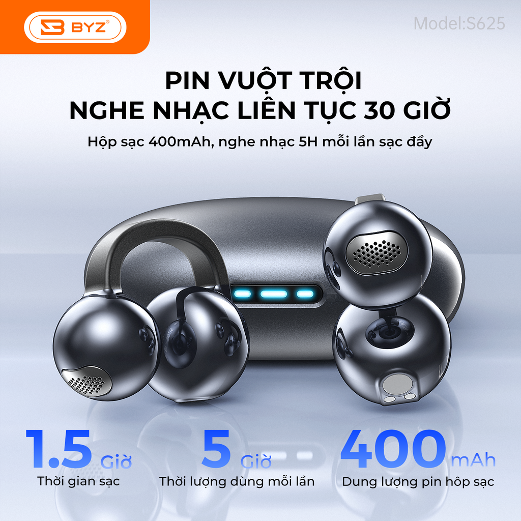 Tai Nghe Bluetooth Kẹp Tai BYZ S625 Open Ear không nhét tai, đeo êm Pin 30H Thể Thao