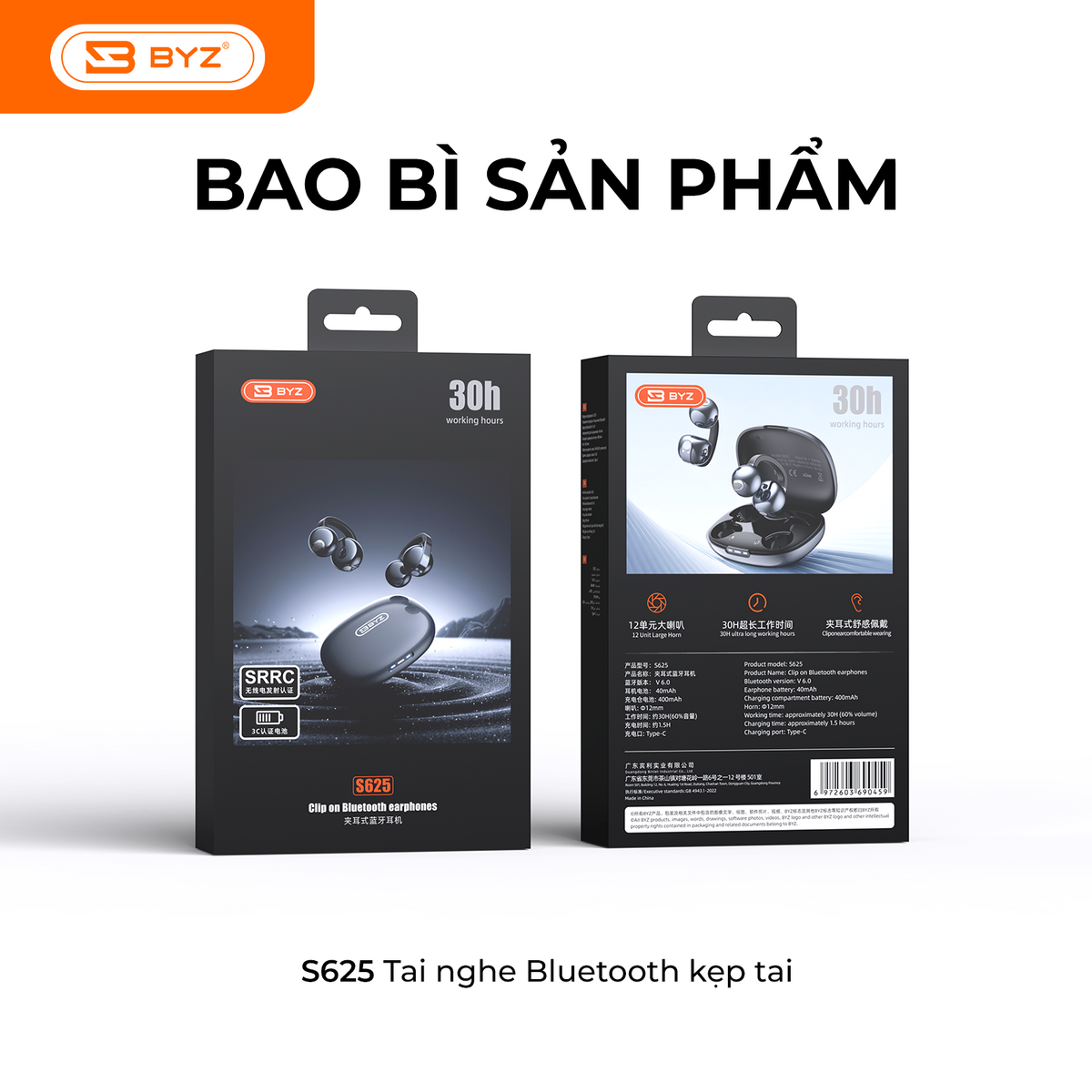 Tai Nghe Bluetooth Kẹp Tai BYZ S625 Open Ear không nhét tai, đeo êm Pin 30H Thể Thao