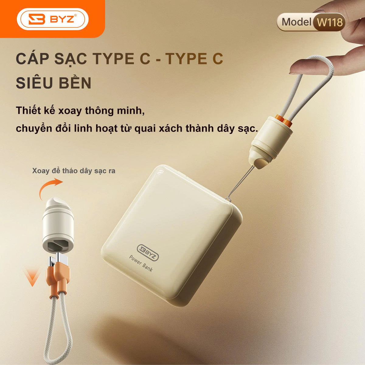 BYZ W118 Pin Sạc Dự Phòng Mini 10000mAh Sạc Siêu Nhanh Tích Hợp Cáp Type C Được Mang Lên Máy Bay