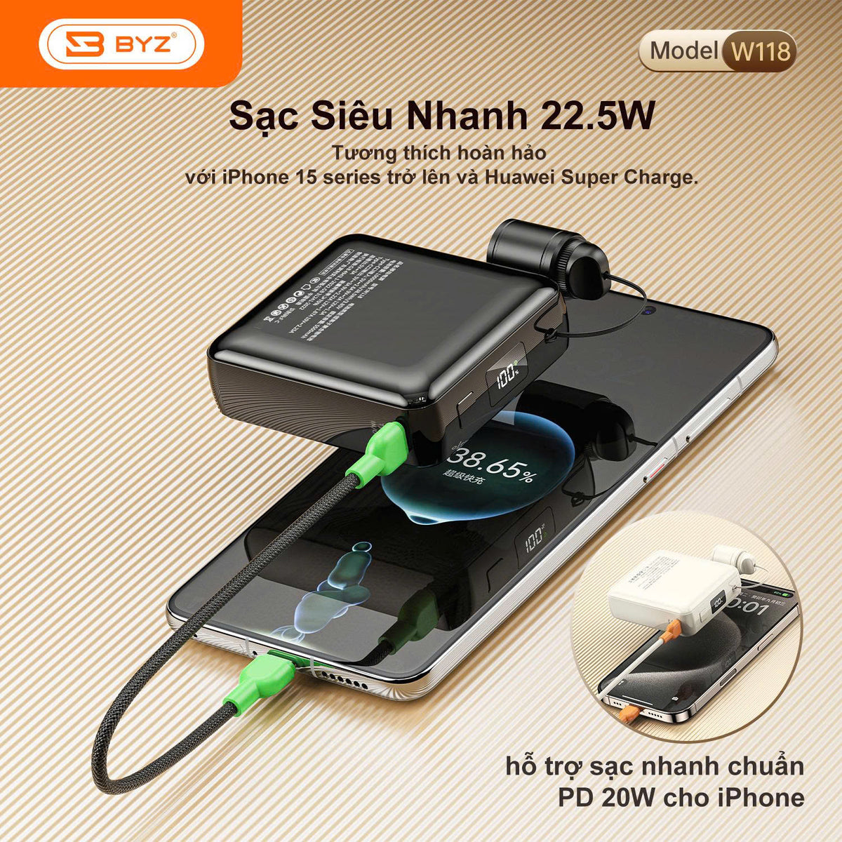BYZ W118 Pin Sạc Dự Phòng Mini 10000mAh Sạc Siêu Nhanh Tích Hợp Cáp Type C Được Mang Lên Máy Bay