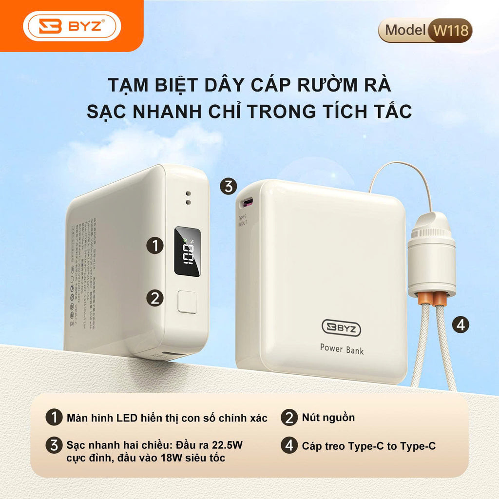 BYZ W118 Pin Sạc Dự Phòng Mini 10000mAh Sạc Siêu Nhanh Tích Hợp Cáp Type C Được Mang Lên Máy Bay