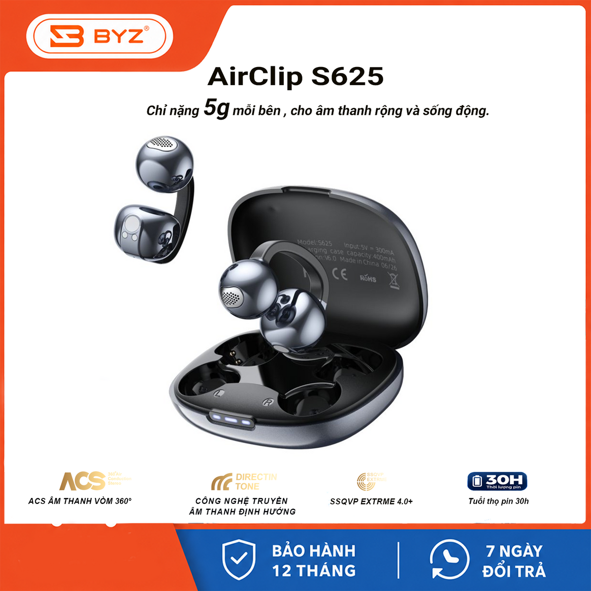 Tai Nghe Bluetooth Kẹp Tai BYZ S625 Open Ear không nhét tai, đeo êm Pin 30H Thể Thao
