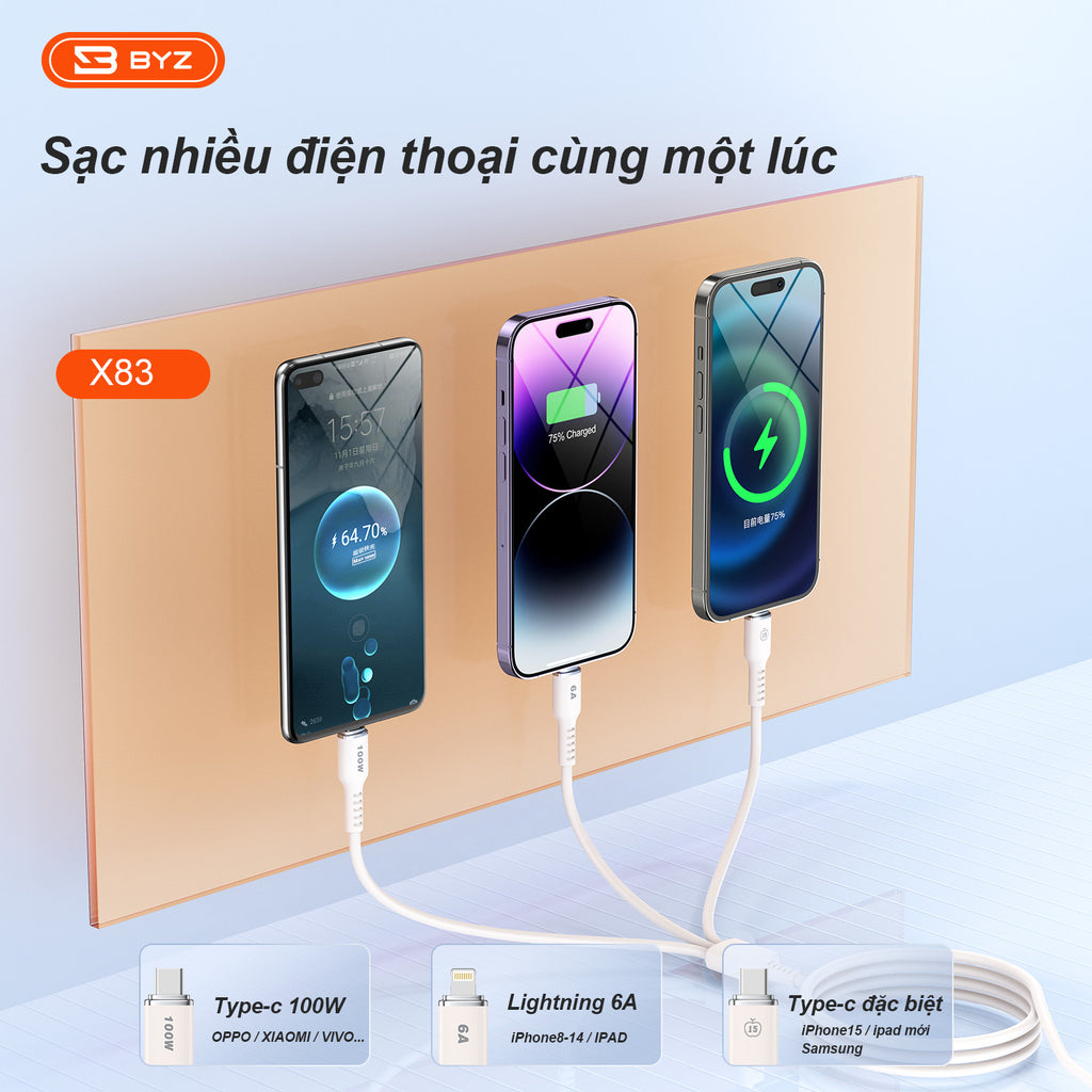 Dây sạc 3 trong 1 BYZ X83 công suất cao 100W