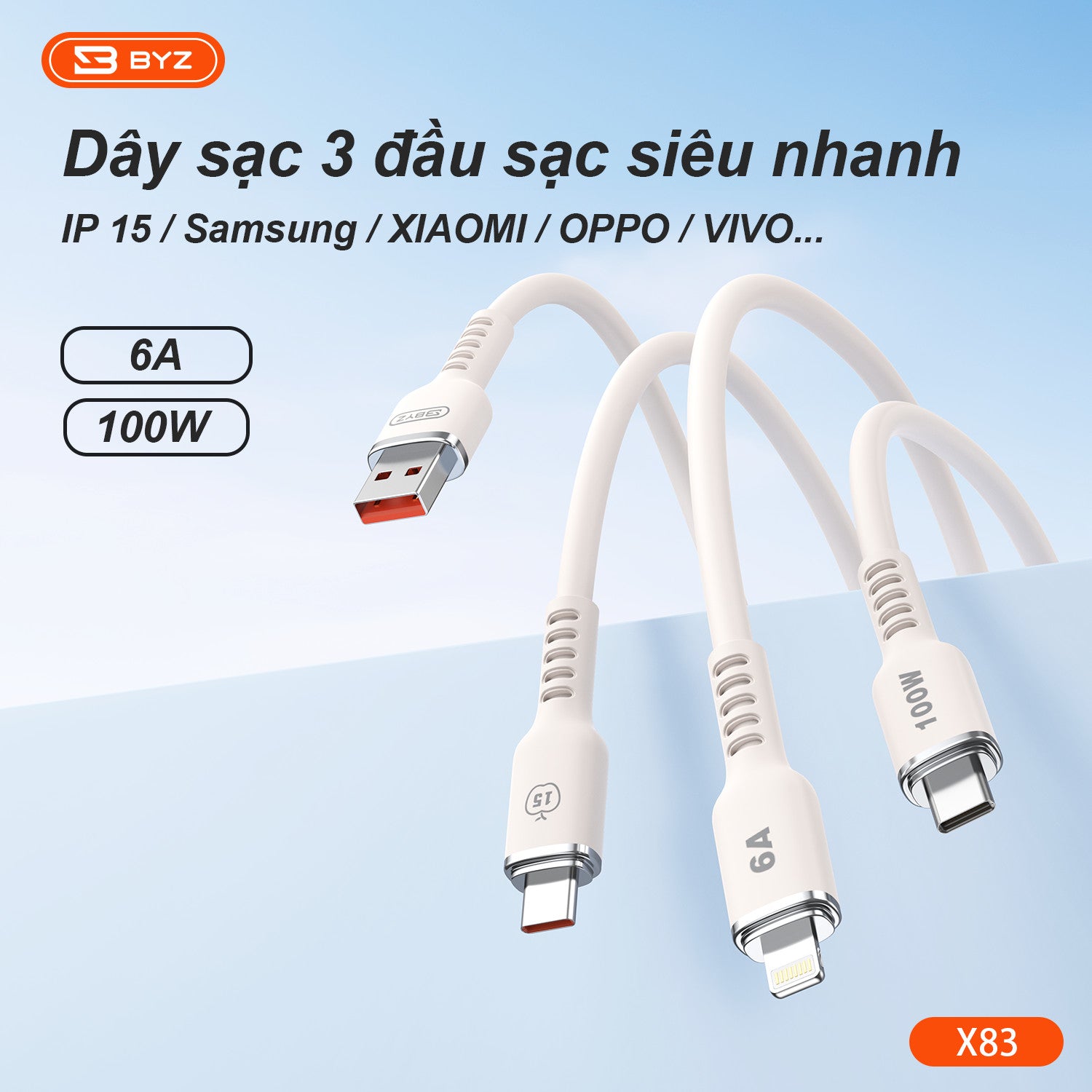 Dây sạc 3 trong 1 BYZ X83 công suất cao 100W